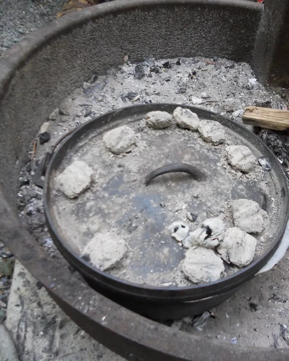 Cast iron potjie pot cooking over glowing coals on an open fire